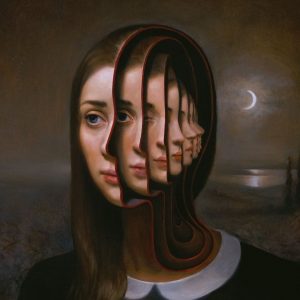 Art depicting a surrealist image of a woman's face with the moon in the background